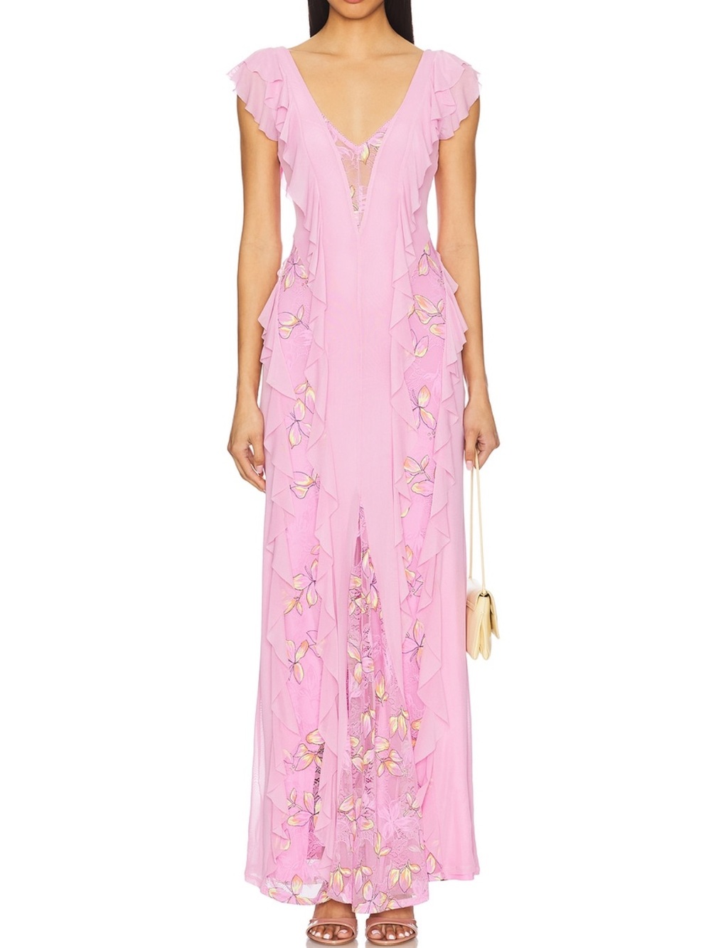 AFRM Pink Floral Ruffle Maxi Dress